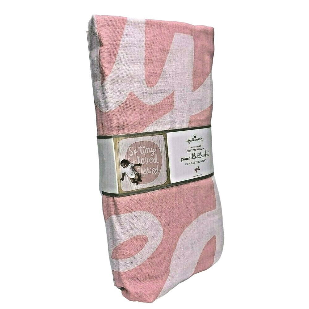 Hallmark Muslin Swaddle Blanket Pink‎ White So Tiny So Loved So Blessed Round